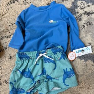 Carter's Bright Blue Long-Sleeve Rash Guard with Teal Dino Swim Shorts